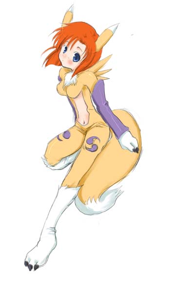 1girl, animal_ears, artist_request, blue_eyes, blush, claws, cosplay, digimon, digimon_tamers, higurashi_no_naku_koro_ni, namesake, navel, orange_hair, paws, pun, renamon, renamon_(cosplay), ryuuguu_rena, short_hair, solo, tail