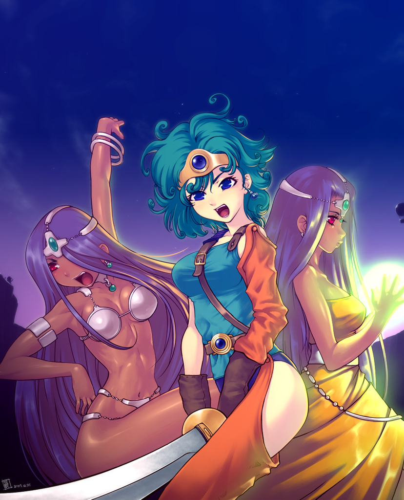 3girls, armband, armlet, belly_chain, bikini, blue_eyes, chunsoft, circlet