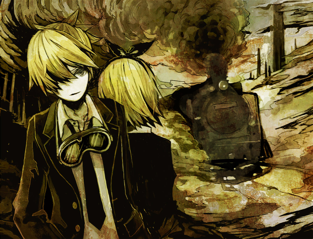 goggles, kagamine_len, kagamine_rin, necktie, ribbon, ribbons, sand_scraper_(vocaloid), short_hair