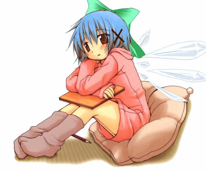 1girl, blue_hair, brown_eyes, cirno, cosplay, female, full_body, hidamari_sketch, solo, touhou, white_background, yuno, yuno_(cosplay)