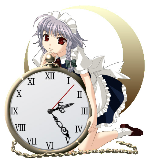 1girl, clock, female, grey_hair, izayoi_sakuya, kneeling, maid, maid_headdress