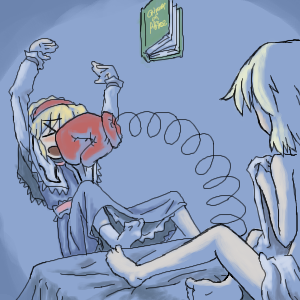 >_<, 2girls, alice_margatroid, bed, blonde_hair, book, boxing_gloves, closed_eyes
