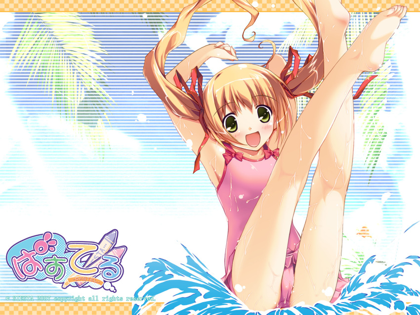 barefoot, blonde_hair, feet, highres, one-piece_swimsuit, pastel, soles, swimsuit
