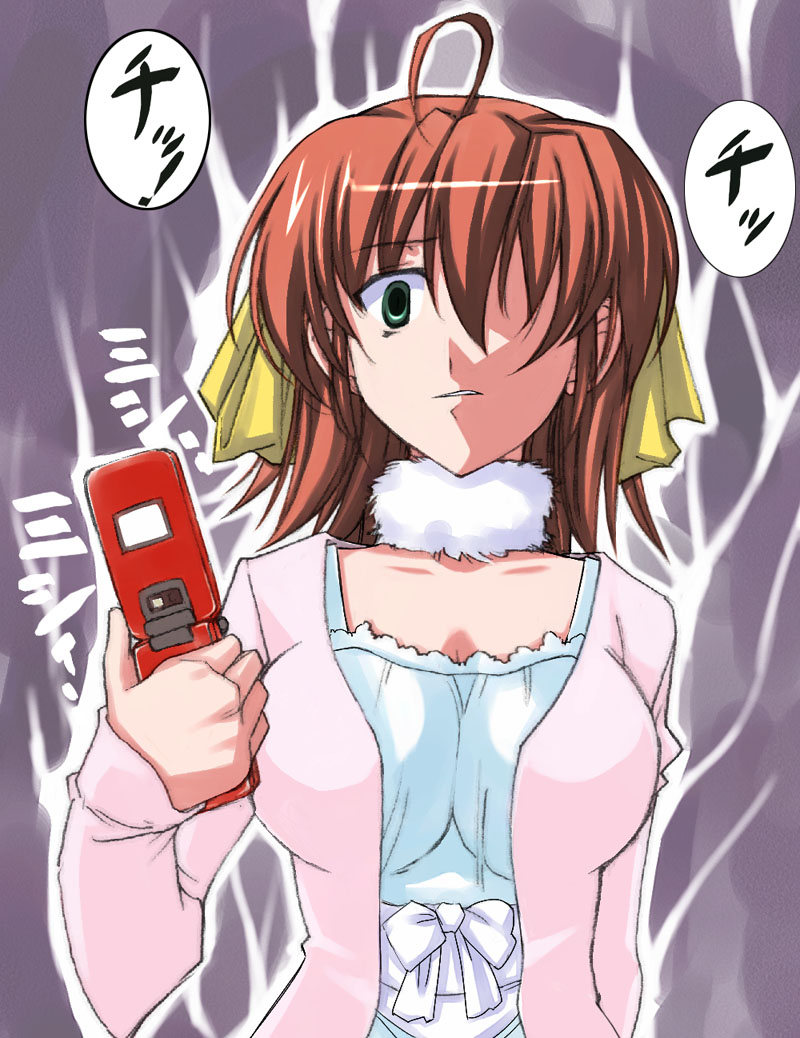 1girl, ahoge, breasts, brown_hair, cellphone, cleavage, collarbone, decarabi, ef, electricity, evil_smile, fur_collar, green_eyes, hairband, hidden_eyes, looking_at_viewer, miyamura_miyako, phone, short_hair, smile, solo, upper_body, yandere