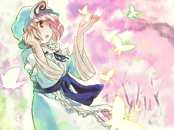 1girl, butterfly, female, hands, hota, iyokan, saigyouji_yuyuko, solo