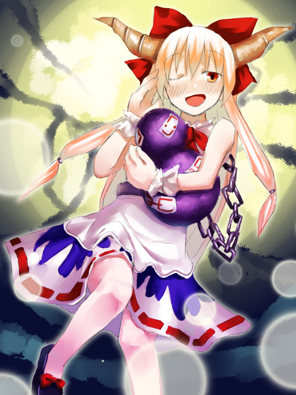 1girl, blush, chains, female, gourd, hands, horns, hota