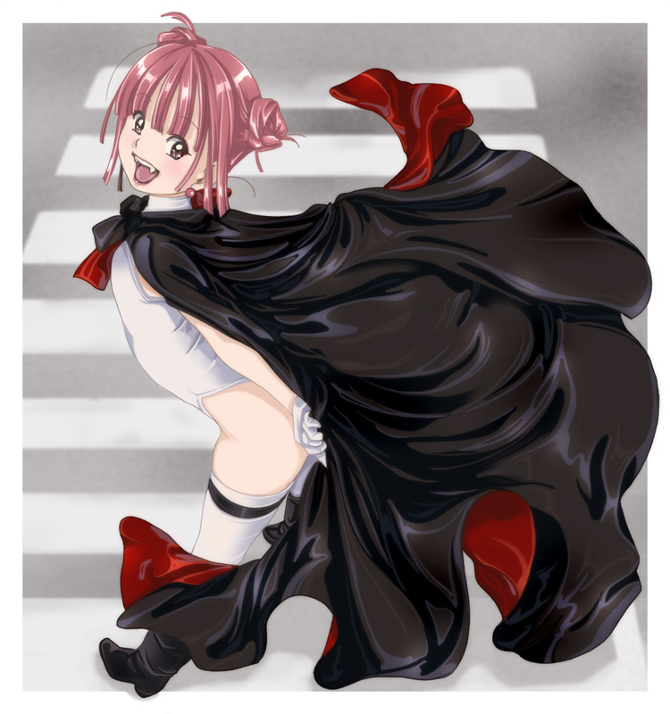 1girl, boots, cape, fangs, original, pink_hair, red_eyes, solo, thigh-highs, vampire, yozora