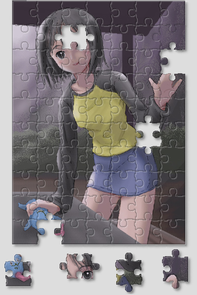 1girl, black_eyes, black_hair, bob_cut, brown_eyes, hikikomori_alien, jigsaw_puzzle, nakahara_misaki