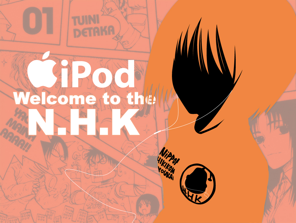 1girl, digital_media_player, earphones, ipod, ipod_ad, monochrome, nakahara_misaki, nhk_ni_youkoso!