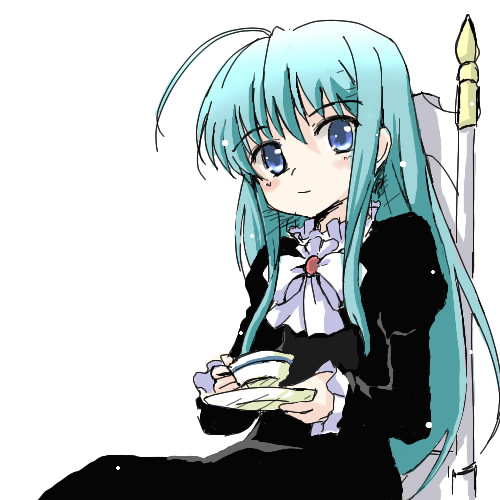 1girl, ahoge, anzelotte, aqua_hair, black_dress, blue_eyes, dress, eyebrows