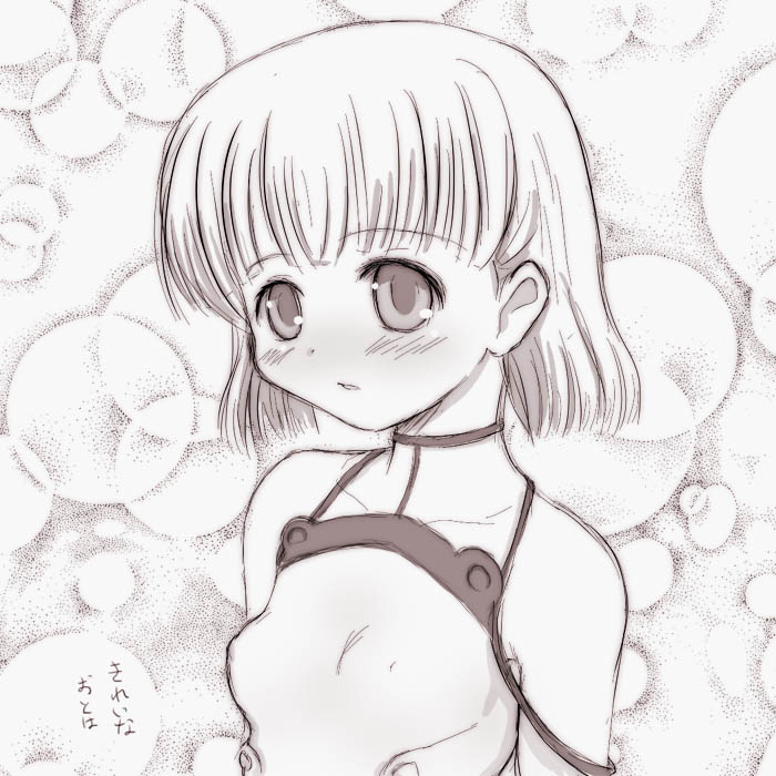 1girl, bare_shoulders, blush, collarbone, dress, eyebrows, eyebrows_visible_through_hair, monochrome