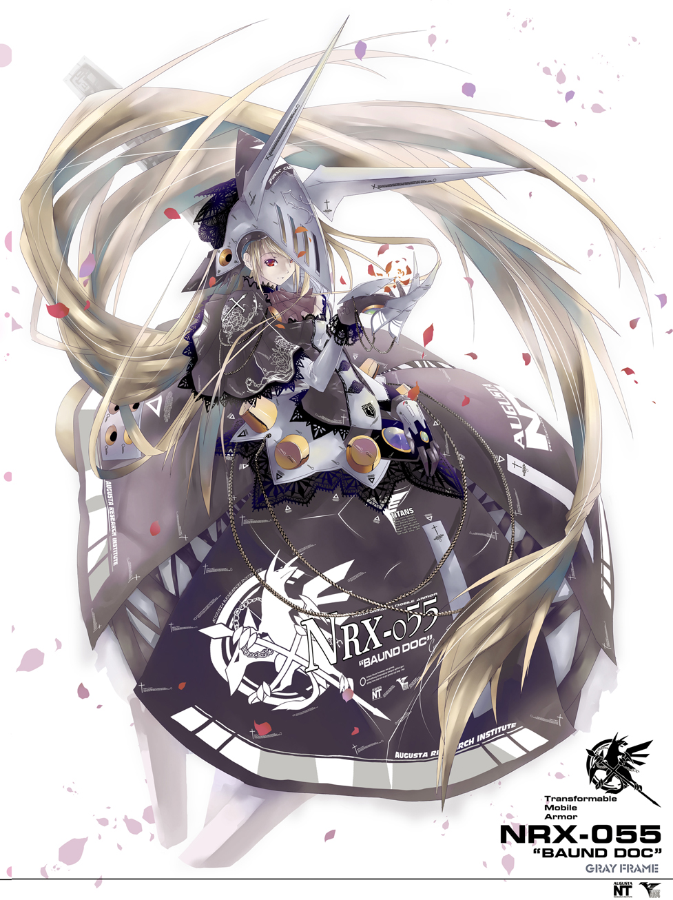 1girl, absurdly_long_hair, armor, armored_dress, baund_doc, beads, black_gloves, blonde_hair