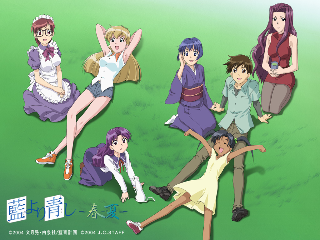 1boy, 6+girls, ai_yori_aoshi, all_fours, animal, arm_support, armpits, bangs