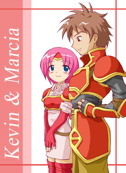 1boy, 1girl, alternate_hair_color, armor, blue_eyes, character_name, dress, earth_ekami