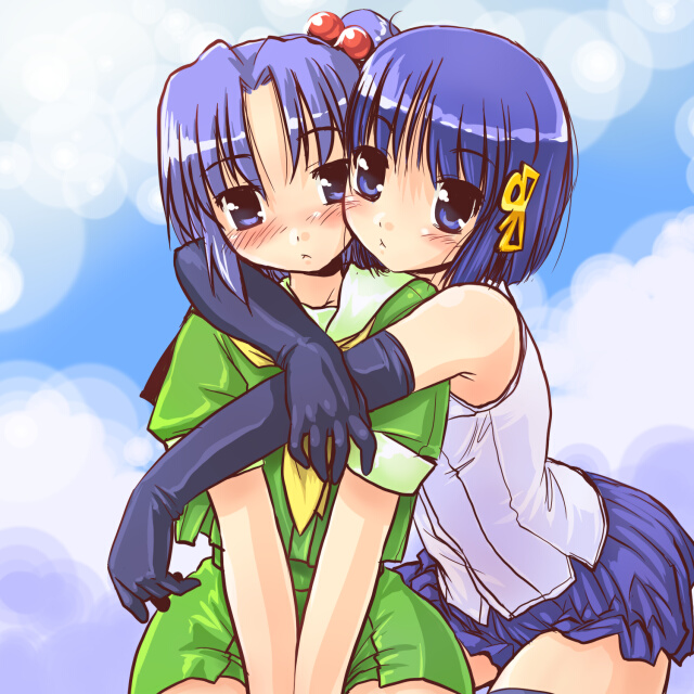 2girls, 98-tan, 98se-tan, between_legs, blue_eyes, blue_hair, blush, bob_cut