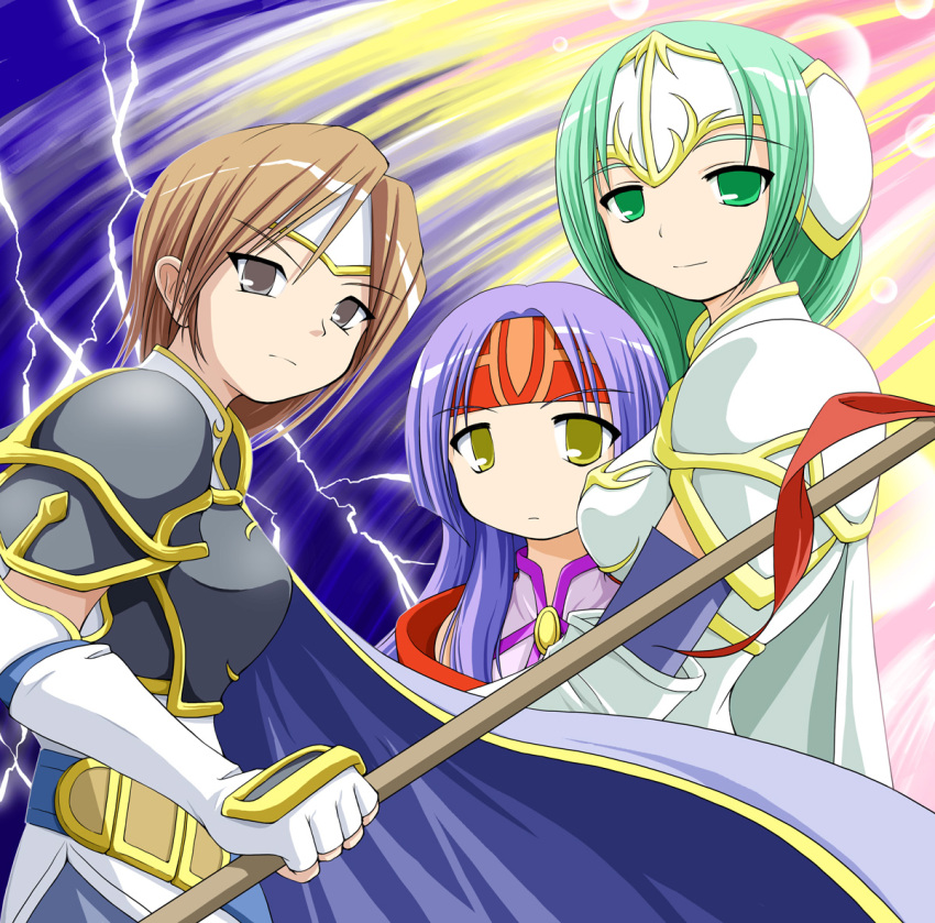 3girls, aqua_hair, armor, belt, black_eyes, brown_hair, bubble, cape
