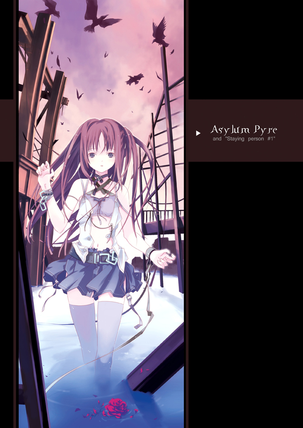 brown_hair, chains, collar, cuffs, long_hair, open_clothes, open_shirt, ribbon, ruroo, ruroo_(artist), shirt, skirt, thigh-highs, violet_eyes, zettai_ryouiki