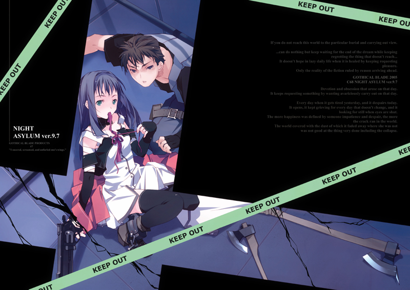 1boy, 1girl, blue_eyes, blue_hair, caution_tape, dress, elbow_gloves, gloves