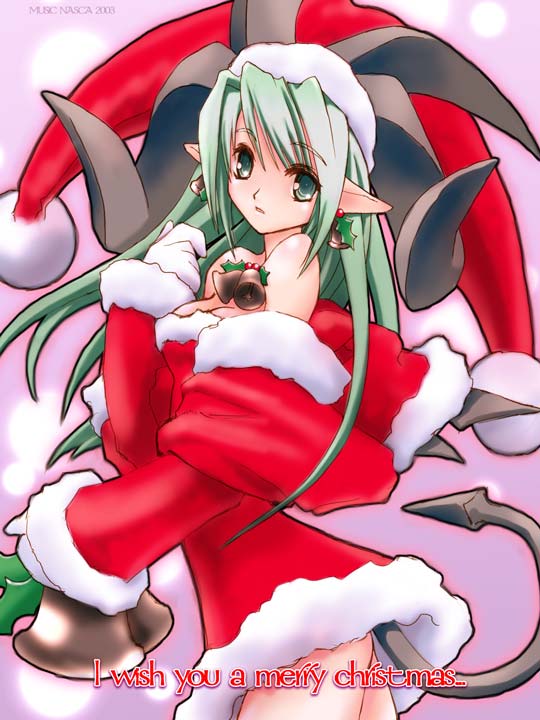1girl, bare_shoulders, bat_wings, bell, breasts, christmas, cleavage, demon_girl