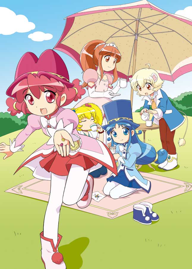 1boy, 4girls, altessa, blonde_hair, fine, fushigiboshi_no_futago_hime, hat, leonne, miniskirt, multiple_girls, pantyhose, picnic, red_skirt, rein, skirt, tio_(fushigiboshi_no_futago_hime), ueda_yuu