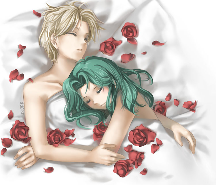 2girls, 90s, androgynous, bed, bed_sheet, bishoujo_senshi_sailor_moon, blonde_hair, couple