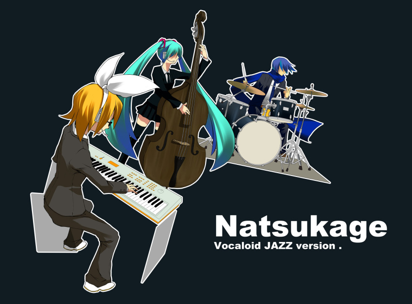 bass, drum, drum_set, drums, hatsune_miku, highres, instrument, kagamine_rin, kaito, keyboard, keyboard_(instrument), no_eyes, studiotetore, sunglasses, synthesizer, twintails, vocaloid