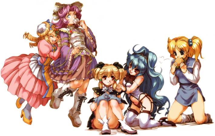 alfimi, banpresto, blonde_hair, blue_hair, boots, bow, closed_eyes, dress