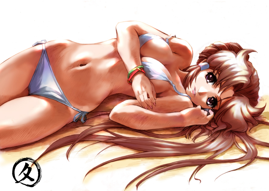 1girl, banpresto, bikini, bracelet, breasts, brown_eyes, brown_hair, cleavage