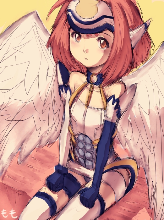 1girl, angel_wings, cosplay, flat_chest, fumio_(rsqkr), kos-mos, kos-mos_(cosplay), m.o.m.o., short_hair, solo, wings, xenosaga, xenosaga_episode_i