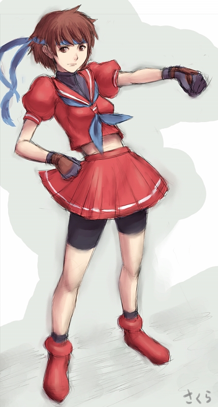 1girl, bike_shorts, brown_eyes, brown_hair, capcom, character_name, cosplay, fumio_(rsqkr), gloves, headband, kanzuki_karin, kanzuki_karin_(cosplay), kasugano_sakura, school_uniform, serafuku, short_hair, shorts_under_skirt, street_fighter