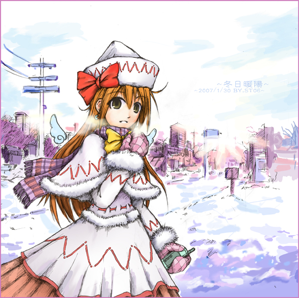 1girl, artist_name, cellphone, city, dated, female, fur_trim, headgear