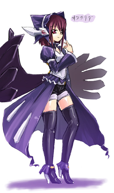 00s, 1girl, alternate_color, brown_hair, costume, dark_lugia, high_heels, homura_subaru, lugia, nintendo, personification, pokemon, pokemon_(game), pokemon_xd, red_eyes, shadow, shadow_lugia, shoes, simple_background, solo, thigh-highs, white_background, xd001, zettai_ryouiki