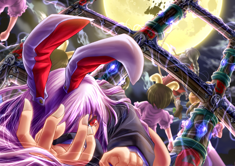6+girls, aiming, amamizu_(myofuu_kai), animal_ears, arrow, back, bangs, blurry