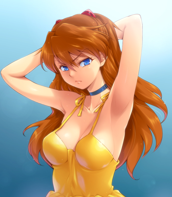 armpits, arms_up, blue_eyes, breasts, brown_hair, choker, cleavage, frown
