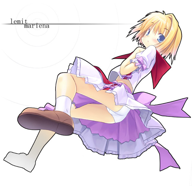 1girl, blonde_hair, blue_eyes, bow, eternal_melody, footwear, lemit_mariena, panties