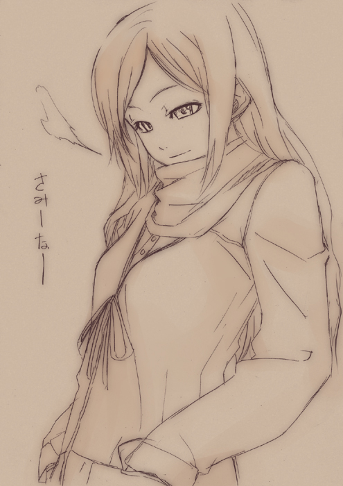 1girl, brown, monochrome, niwa_zen, original, scarf, solo, translated
