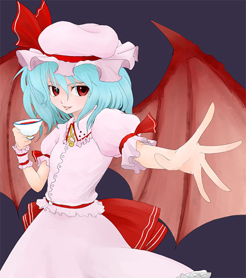 1girl, bat_wings, female, hat, itsukage, remilia_scarlet, simple_background, skirt
