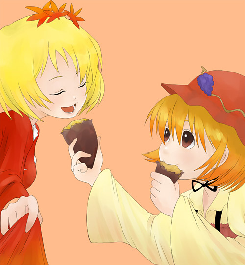 2girls, aki_minoriko, aki_shizuha, feeding, female, food, fruit, grapes