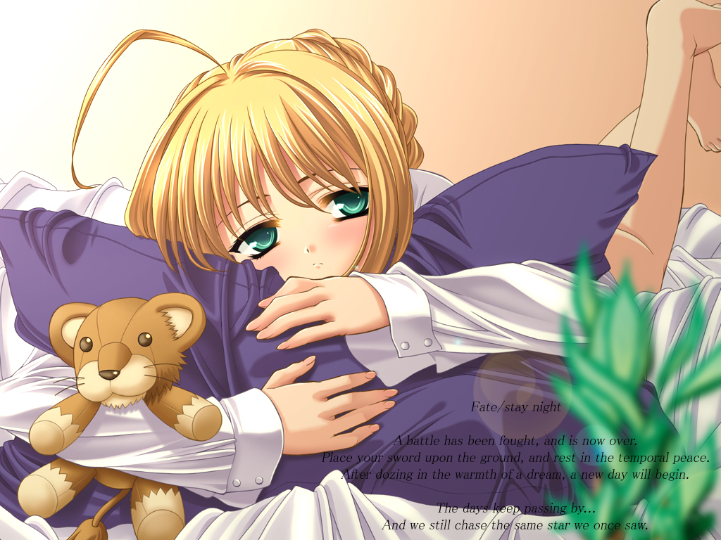 1girl, ahoge, artoria_pendragon_(all), barefoot, bed, blonde_hair, blouse, fate/stay_night