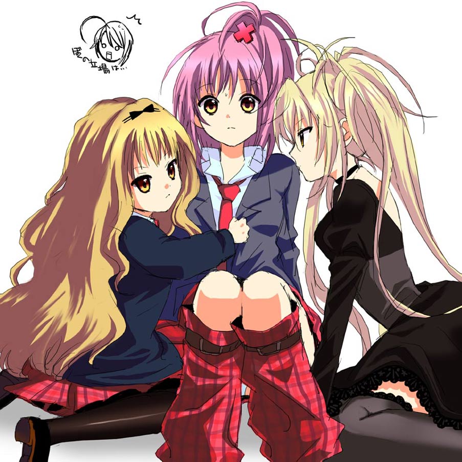 3girls, ayanashi_kunio, blonde_hair, bow, choker, dress, eiko, hair_ornament, hinamori_amu, hoshina_utau, kanimayo, leg_warmers, mashiro_rima, multiple_girls, necktie, pantyhose, pink_hair, school_uniform, serafuku, short_hair, shugo_chara!, skirt, thigh-highs, twintails, yellow_eyes, yuiki_yaya