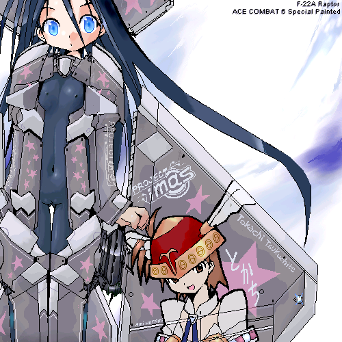 2girls, ace_combat, airplane, aliasing, blue_eyes, blue_hair, breasts, brown_eyes