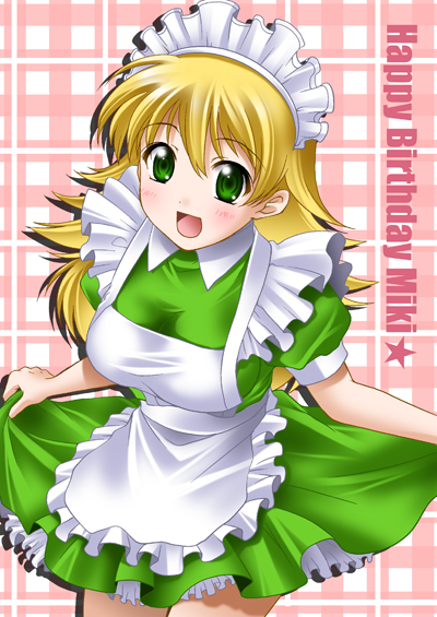 1girl, :d, alternate_costume, apron, blonde_hair, breasts, dress, enmaided