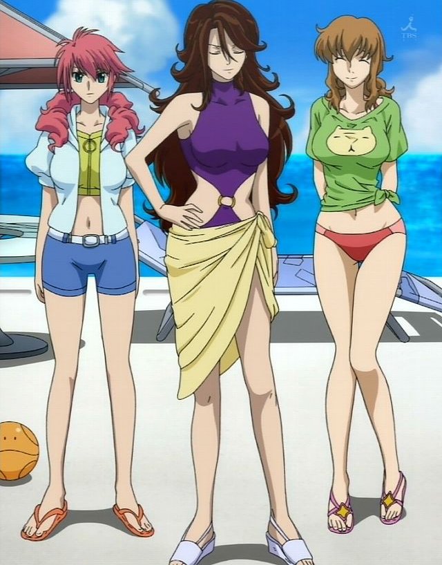3girls, bare_shoulders, belt, bikini_bottom, brown_hair, casual_one-piece_swimsuit, christina_sierra, closed_eyes
