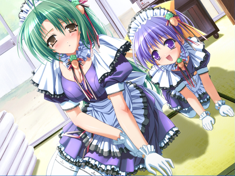 2girls, 90s, age_difference, all_fours, blue_hair, blush, breasts, brown_eyes, carrot, child, cleavage, dutch_angle, food_themed_clothes, game_cg, gloves, green_hair, maid, mother_and_daughter, multiple_girls, murakami_suigun, pia_carrot_(series), pia_carrot_e_youkoso!!, pia_carrot_e_youkoso!!_g.o., purple_hair, sitting, smile, thigh-highs, violet_eyes, waitress, white_legwear, yamana_kaede, yamana_tokiko