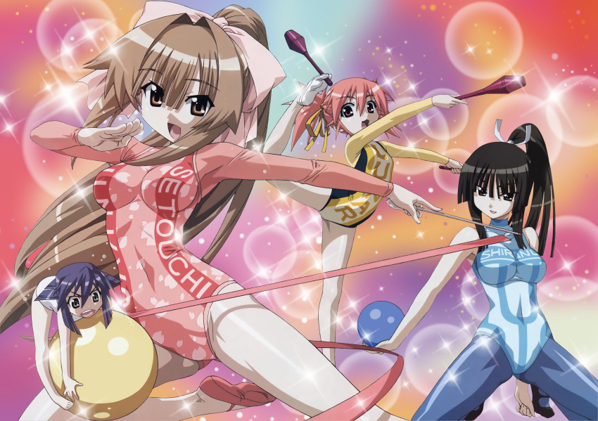 4girls, :d, absurdres, ball, bangs, barefoot, bent_over, black_eyes, blue_hair, blue_legwear, blunt_bangs, breasts, brown_eyes, brown_hair, edomae_lunar, everyone, feet, flat_chest, flexible, grey_eyes, gymnastics, hair_intakes, hair_ribbon, highres, impossible_clothes, jumping, kneeling, large_breasts, leg_up, legs, leotard, long_hair, maki_(seto_no_hanayome), medium_breasts, morita_kazuaki, multiple_girls, official_art, open_mouth, pantyhose, pink_eyes, pink_hair, ponytail, rhythmic_gymnastics, ribbon, ribbon_baton, scan, seto_no_hanayome, seto_san, shiranui_akeno, shoes, short_hair, skin_tight, slippers, smile, sparkle, spread_legs, standing, standing_on_one_leg, very_long_hair