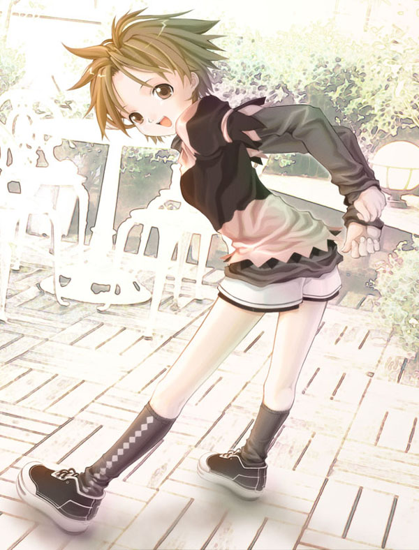 1girl, :d, adjusting_clothes, argyle, argyle_legwear, arms_behind_back, black_legwear, black_shoes