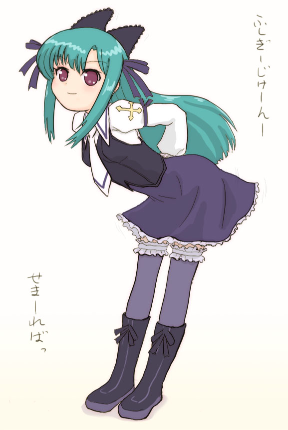 1girl, bent_over, black_boots, black_legwear, boots, bow, frills, full_body