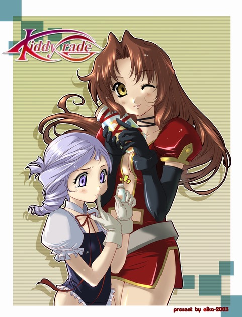 00s, 2girls, belt, breasts, brown_hair, candy, child, cleavage