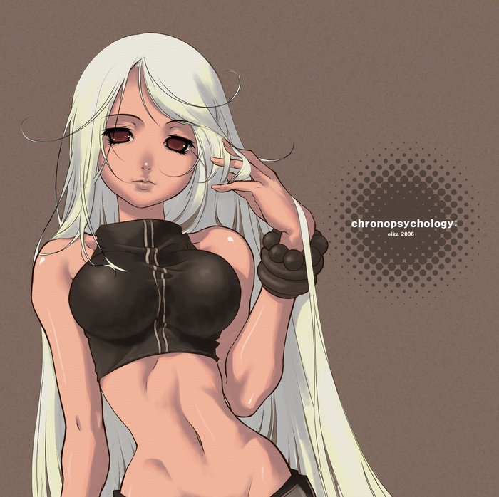 1girl, bare_shoulders, bracelet, eika_(artist), hand_in_hair, jewelry, lips, long_hair