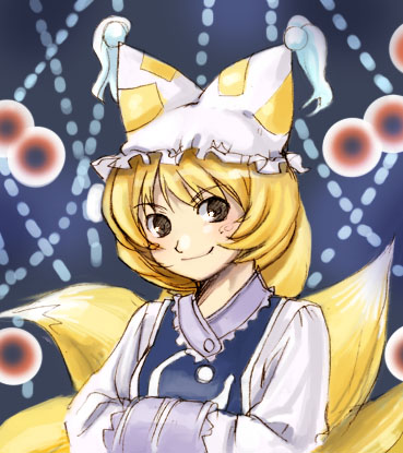 1girl, aro_s, blonde_hair, danmaku, female, hands_in_sleeves, hat, long_sleeves
